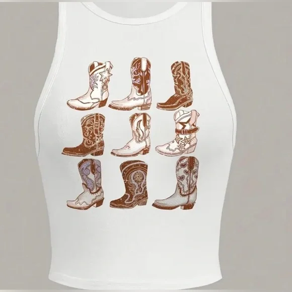 White Crop Tank Top with Brown Cowboy Boot Print on the Front. NWT Size Large. - Picture 3 of 7
